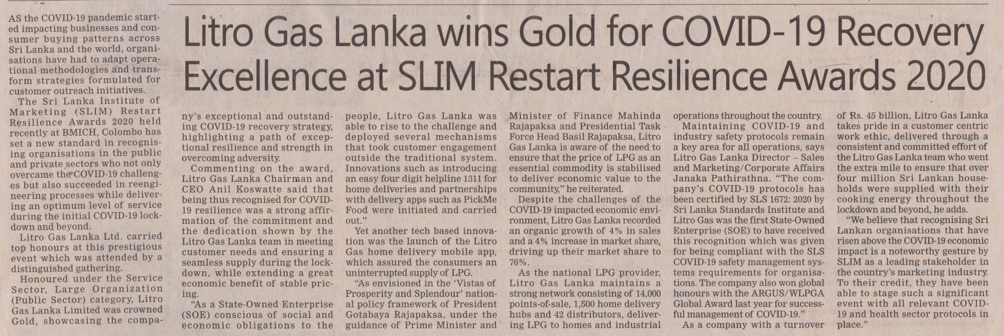 Litro Gas Lanka winds Gold for COVID-19 Recovery Excellence at SLIM Restart Resilience Awards 2020