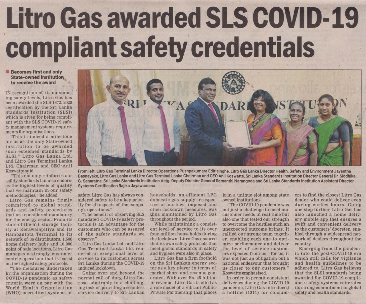 Litro Gas awarded SLS COVID-19 compliant safety credentials