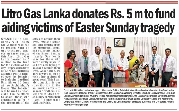 Litro Gas Lanka donates Rs. 5 m to fund aiding victims of Easter Sunday tragedy