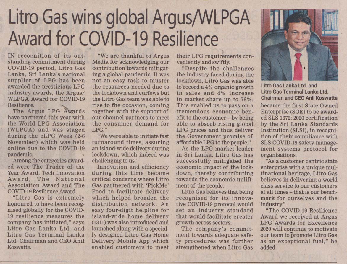 Litro Gas wins global Argus/WLPGA Award for COVID-19 Resilience